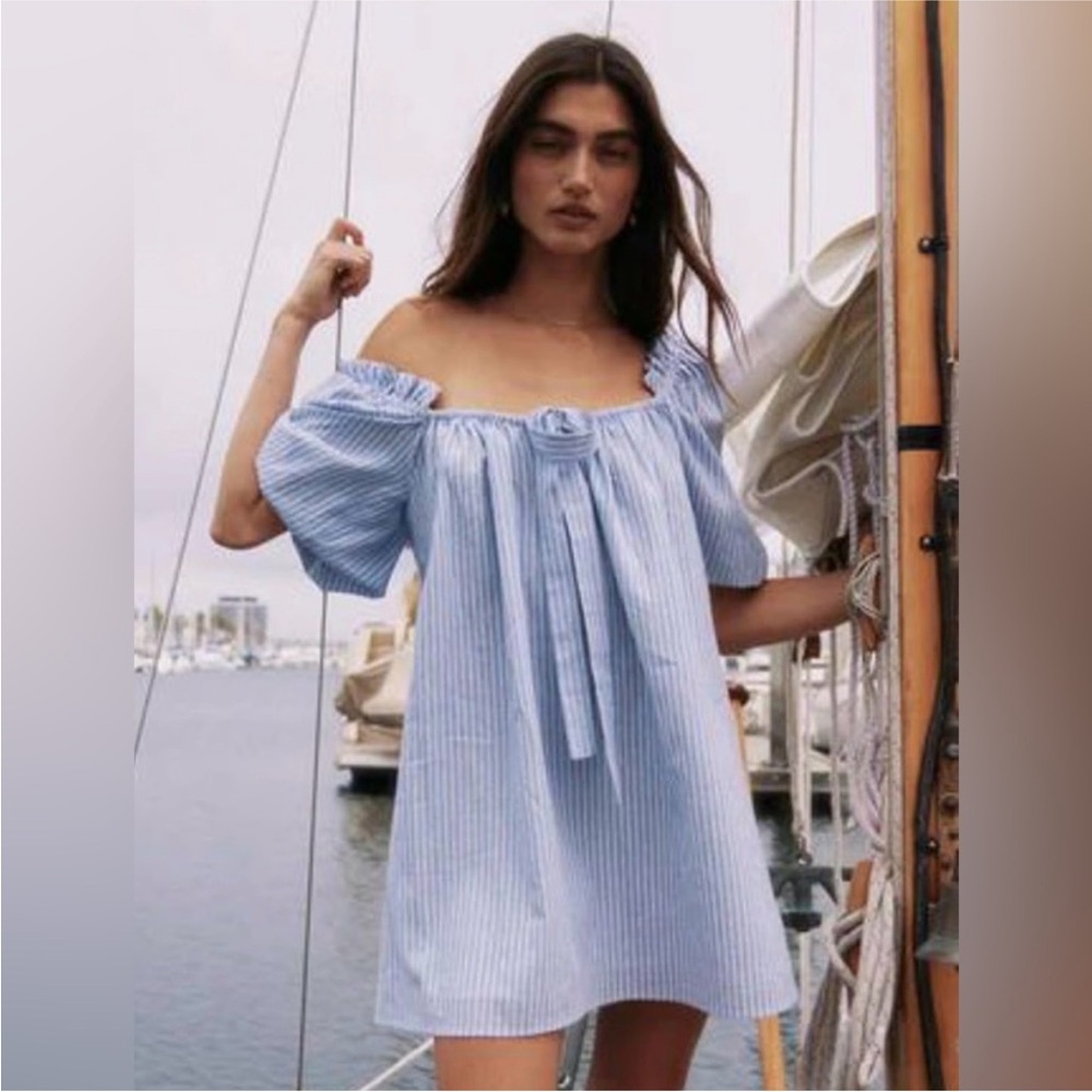Blue Striped Off-Shoulder Dress
